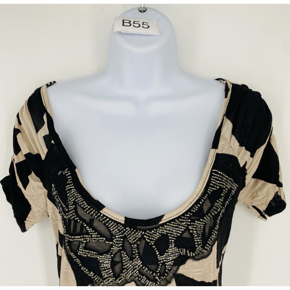 Y2K VTG Daytrip Buckle M Beaded Neck Club Top Ivory Black Abstract Mall Goth - Picture 2 of 8